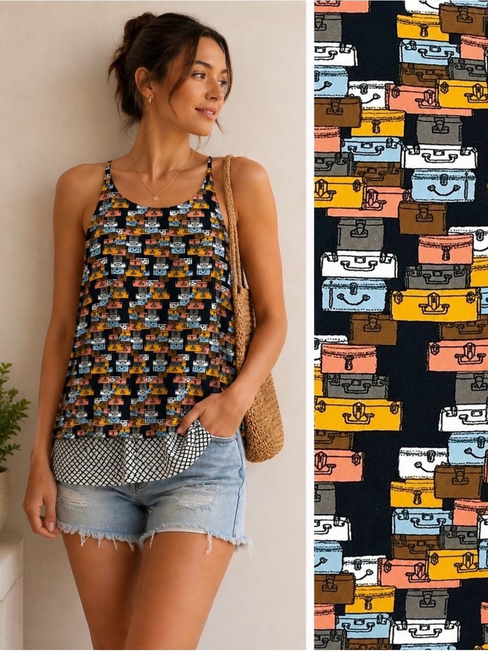 Black Multicolor Suitcase Print Layered Tank Top